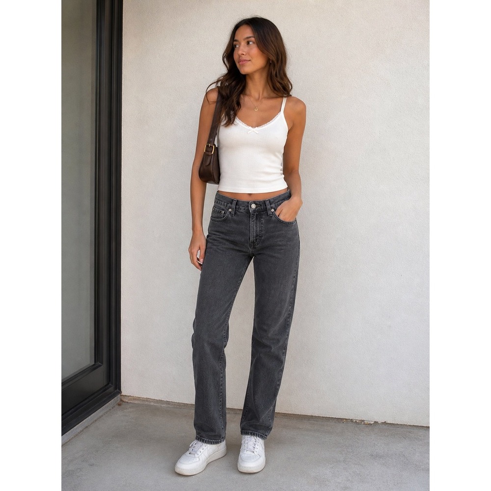 GAP Classic‎ Straight Mid Rise Jeans Washed Black Denim Womens 33 16L